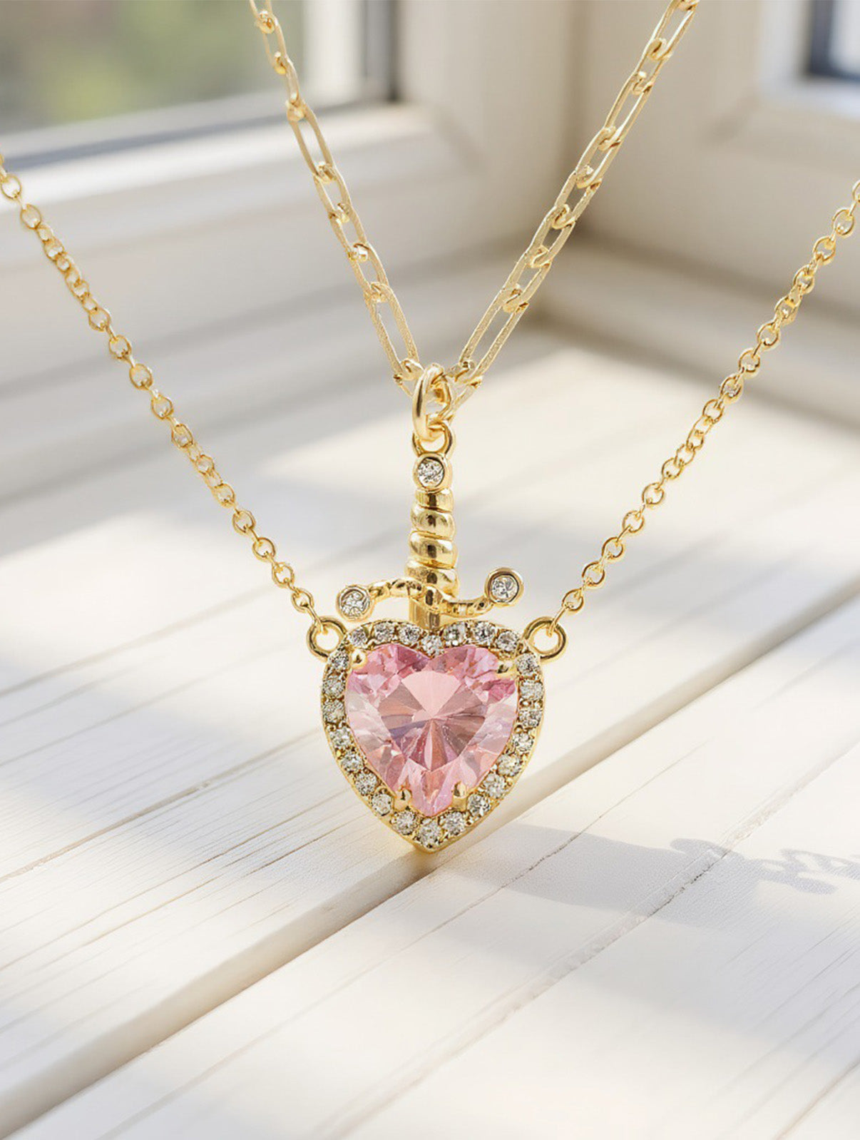 QuickBucket - 2-in-1 Heart Sword Pendant Necklace (Random Stone)