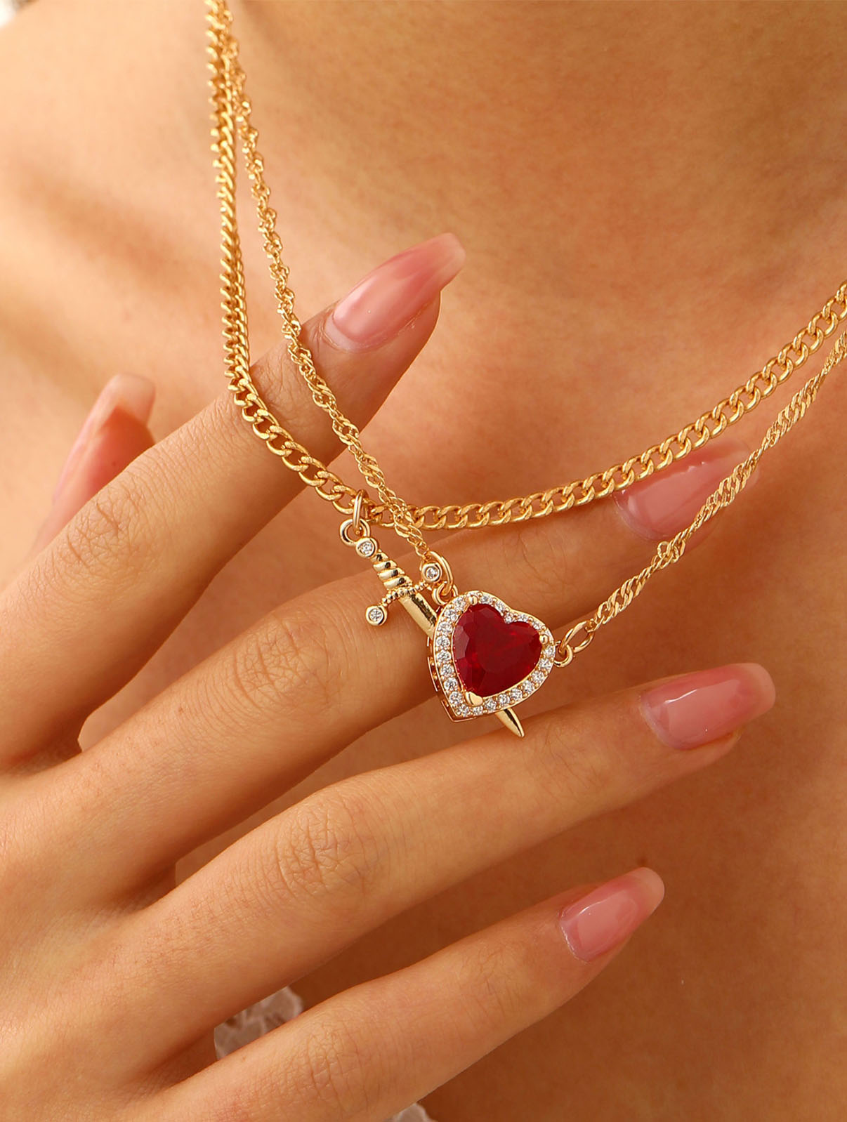QuickBucket - 2-in-1 Heart Sword Pendant Necklace (Random Stone)